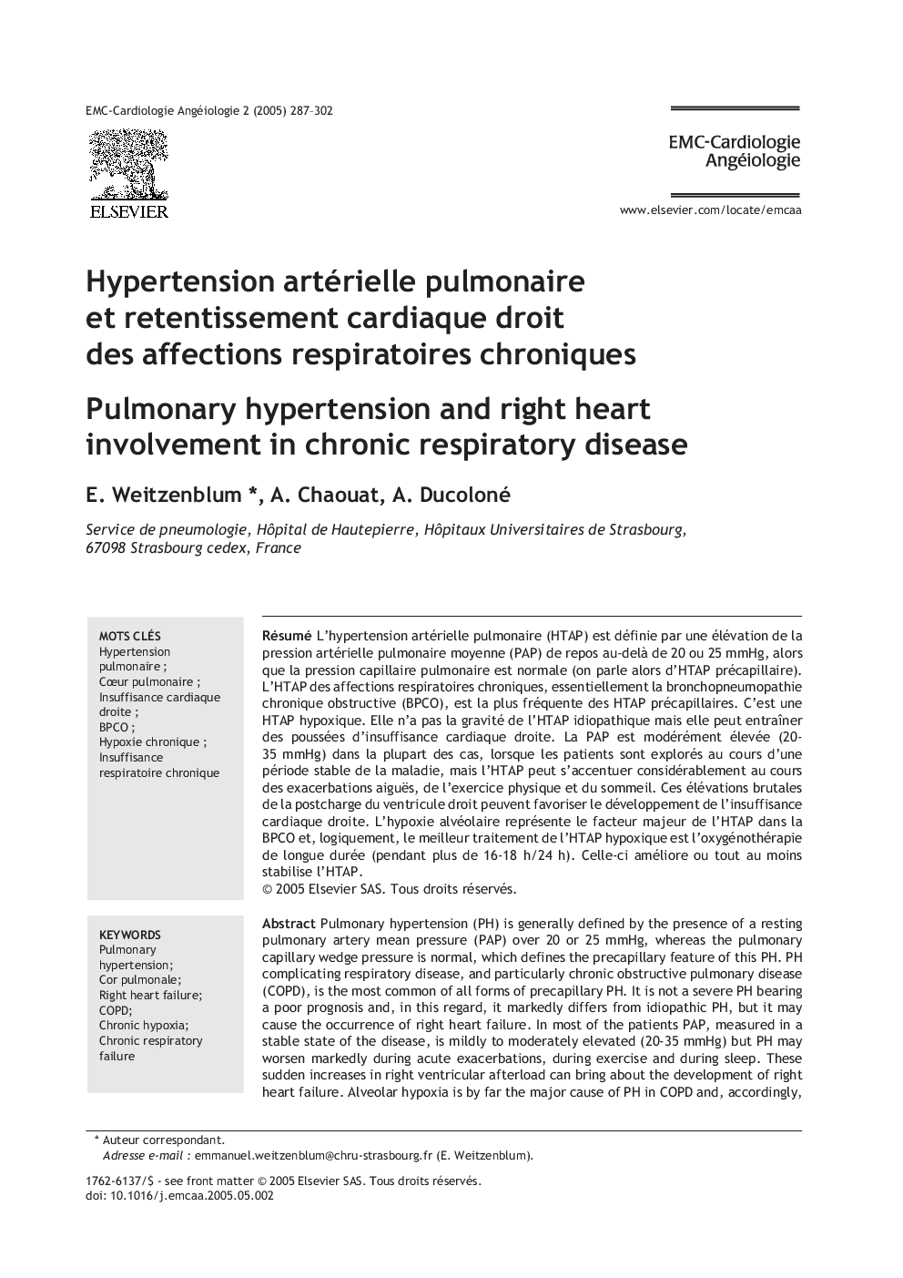 Hypertension artérielle pulmonaire et retentissement cardiaque droit des affections respiratoires chroniques