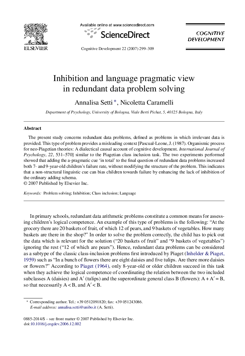 Inhibition and language pragmatic view in redundant data problem solving