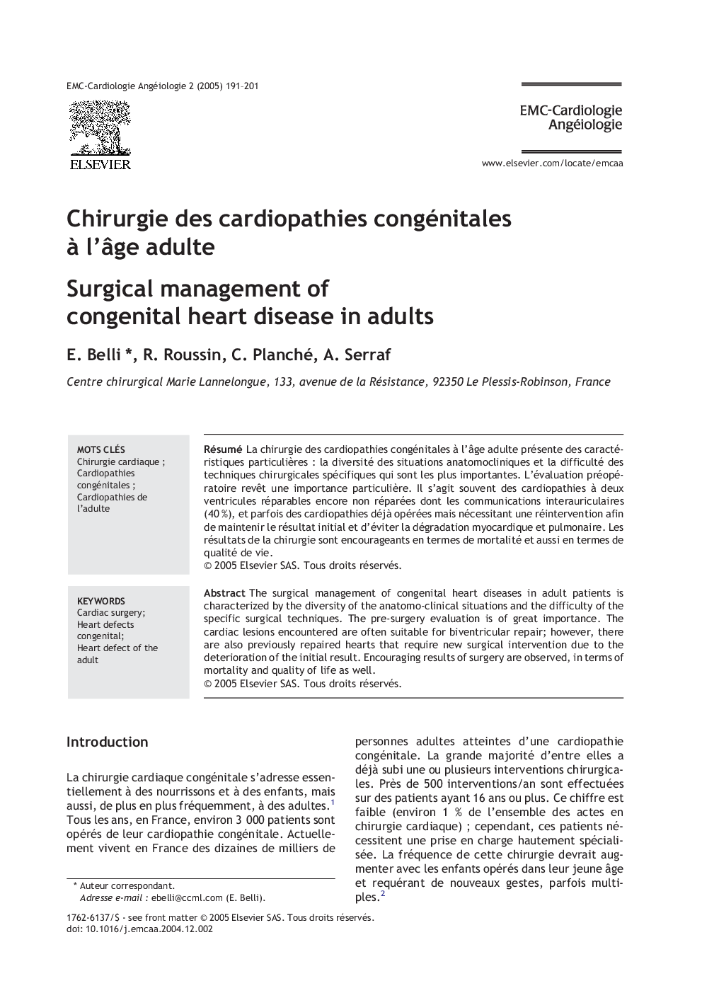 Chirurgie des cardiopathies congénitales Ã  l'Ã¢ge adulte