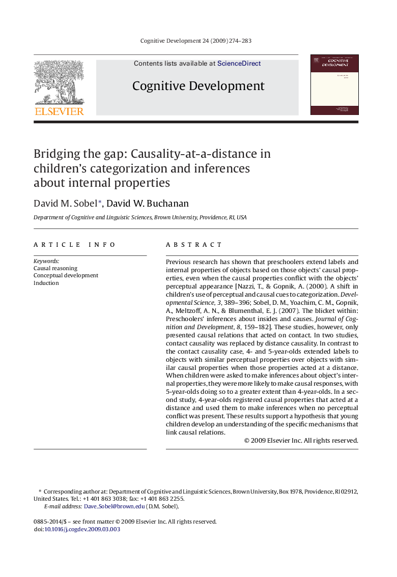 Bridging the gap: Causality-at-a-distance in children's categorization and inferences about internal properties