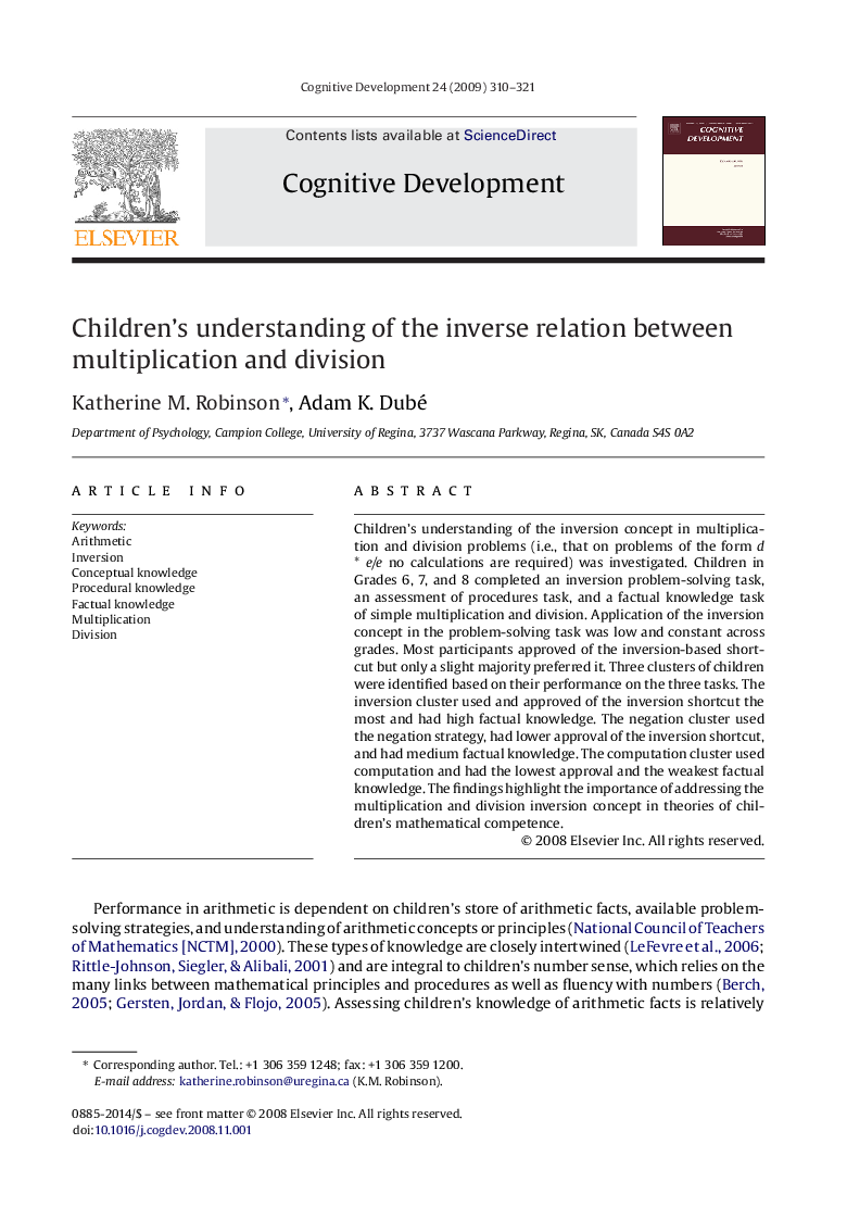 عکس صفحه اول مقاله: Children's understanding of the inverse relation between multiplication and division Children's understanding of the inverse relation between multiplication and division
