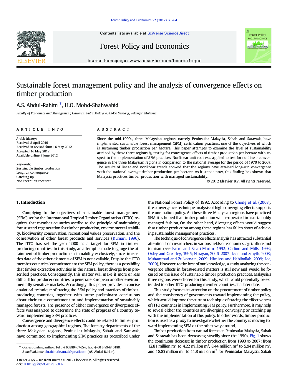 Sustainable forest management policy and the analysis of convergence effects on timber production