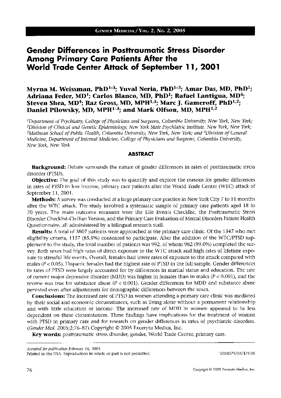 Gender differences in posttraumatic stress disorderamong primary care patients after the World Trade Center attack of September 11, 2001