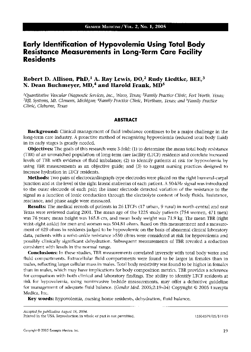 Early identification of hypovolemia using total body resistance measurements in long-term care facility residents