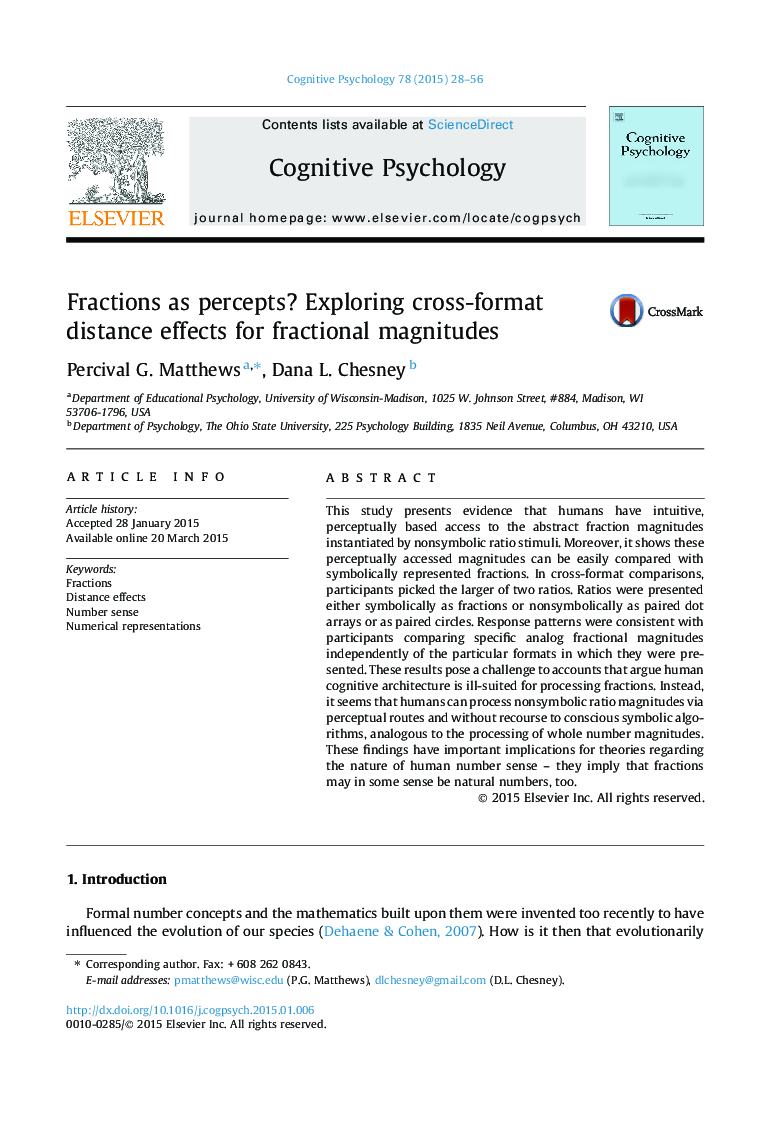 Fractions as percepts? Exploring cross-format distance effects for fractional magnitudes