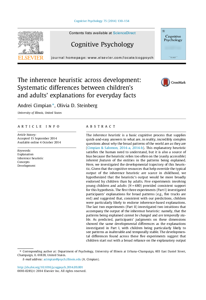 The inherence heuristic across development: Systematic differences between children’s and adults’ explanations for everyday facts