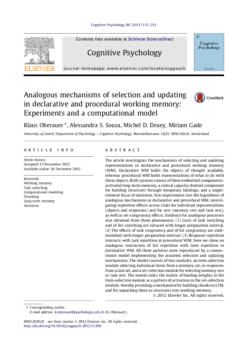 Analogous mechanisms of selection and updating in declarative and procedural working memory: Experiments and a computational model