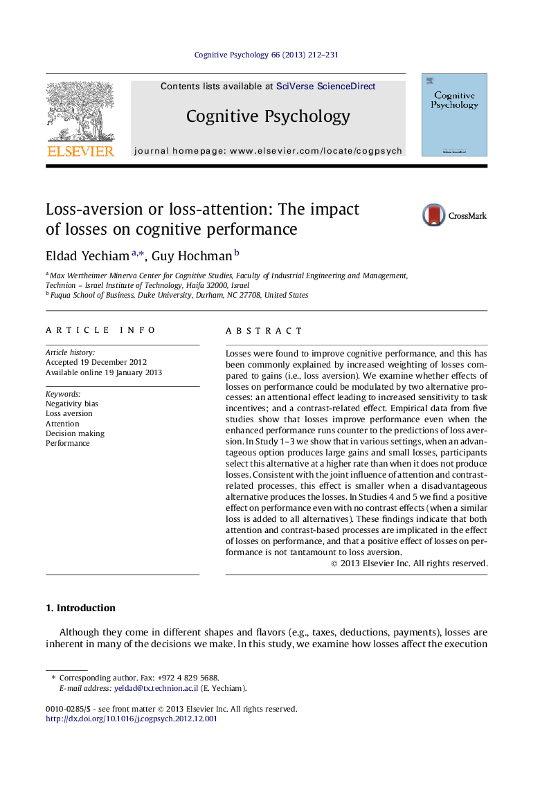 Loss-aversion or loss-attention: The impact of losses on cognitive performance