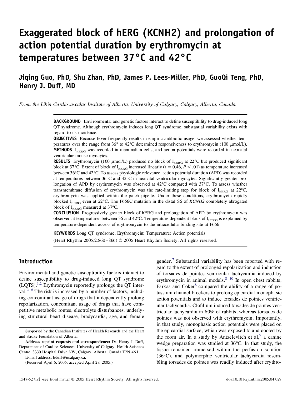 Exaggerated block of hERG (KCNH2) and prolongation of action potential duration by erythromycin at temperatures between 37Â°C and 42Â°C