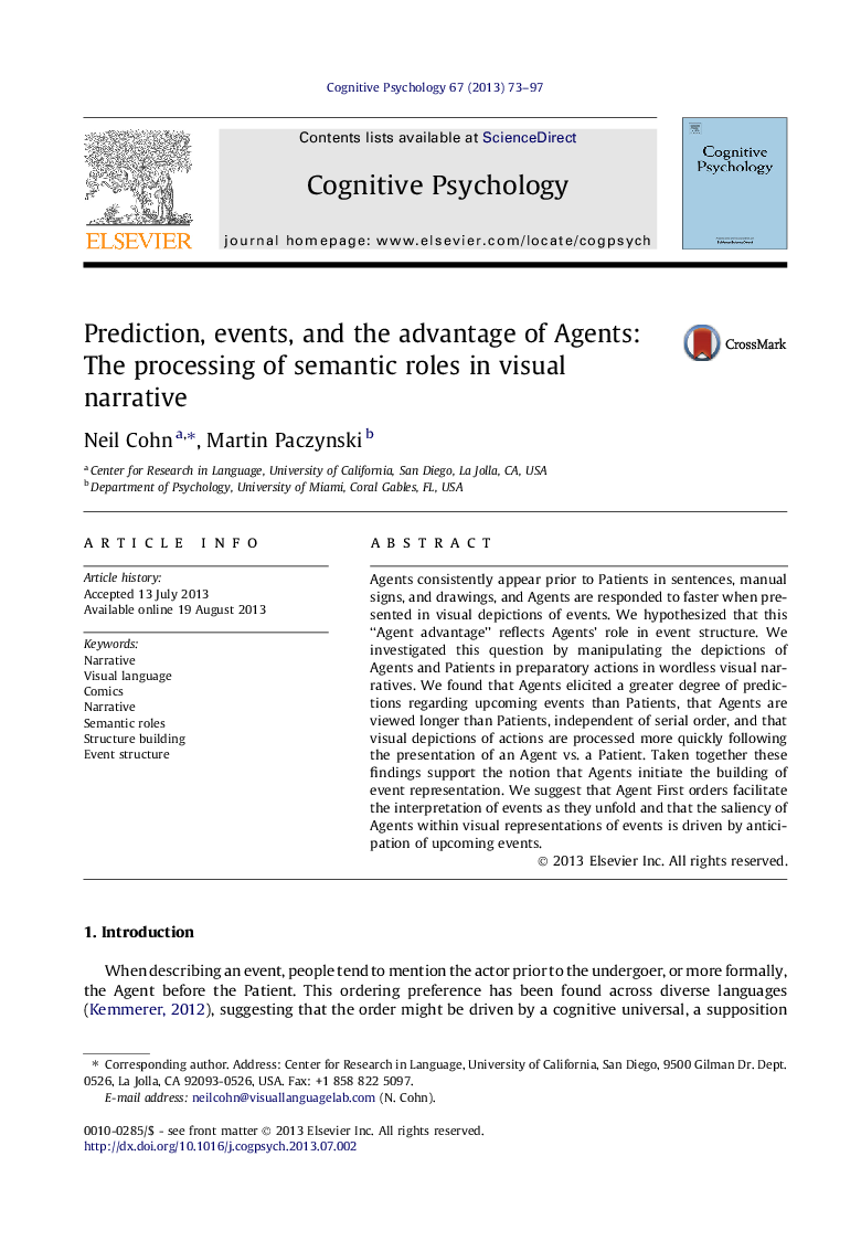 Prediction, events, and the advantage of Agents: The processing of semantic roles in visual narrative