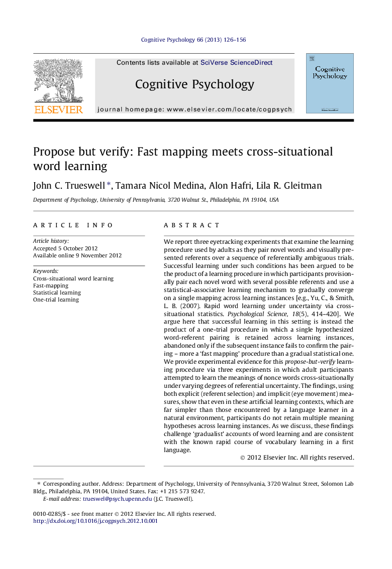 Propose but verify: Fast mapping meets cross-situational word learning