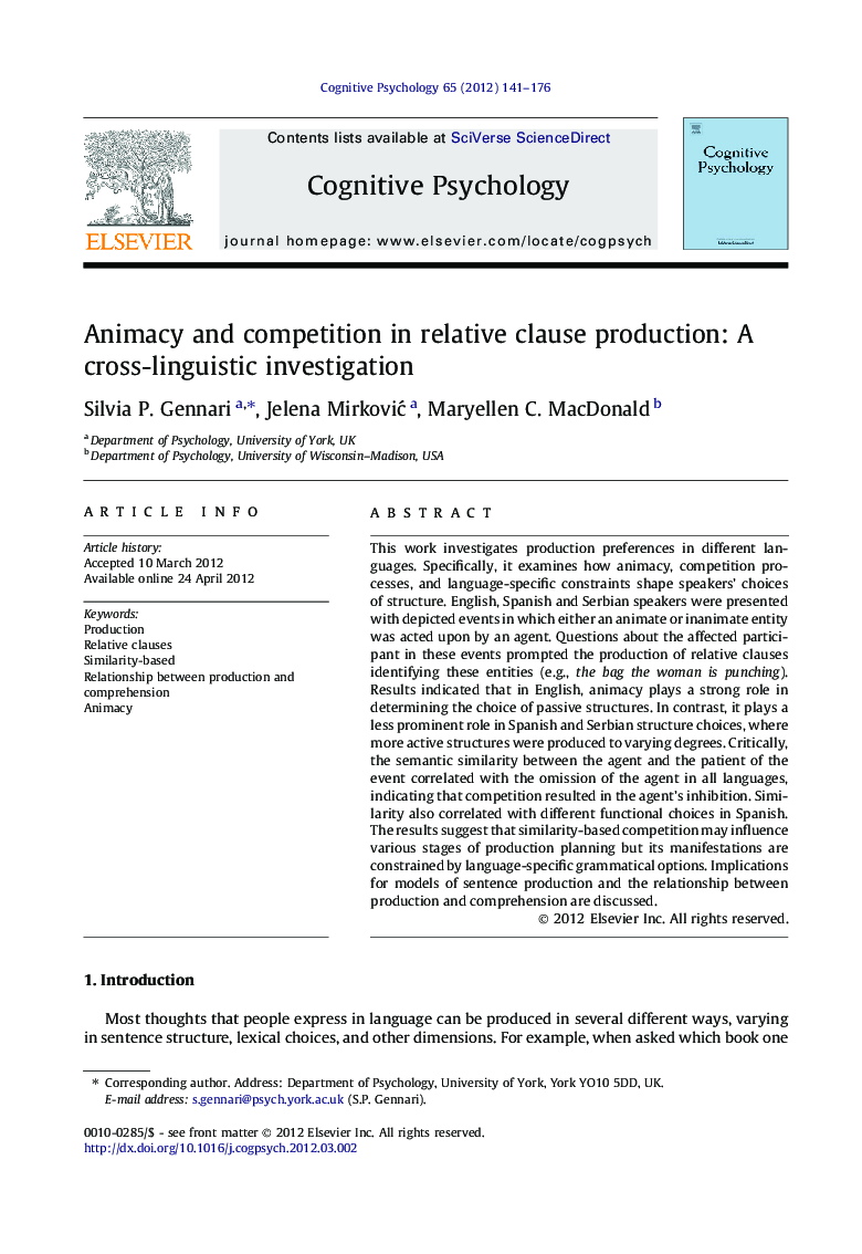 Animacy and competition in relative clause production: A cross-linguistic investigation