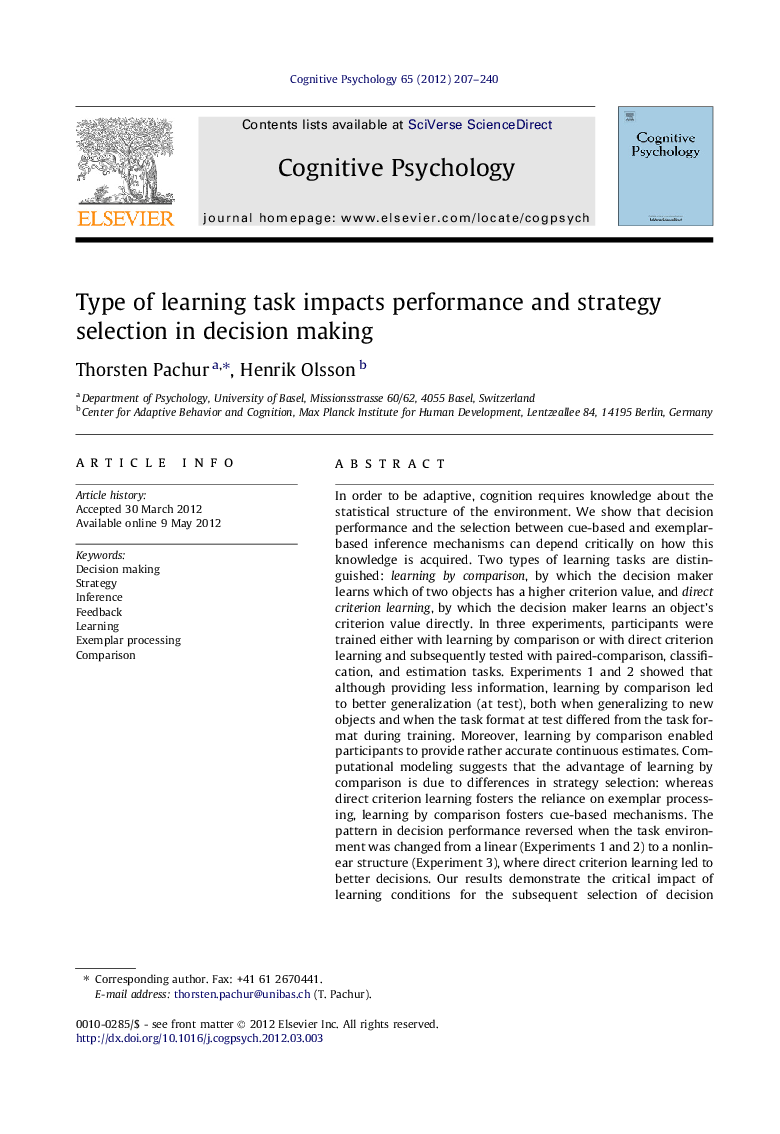 Type of learning task impacts performance and strategy selection in decision making