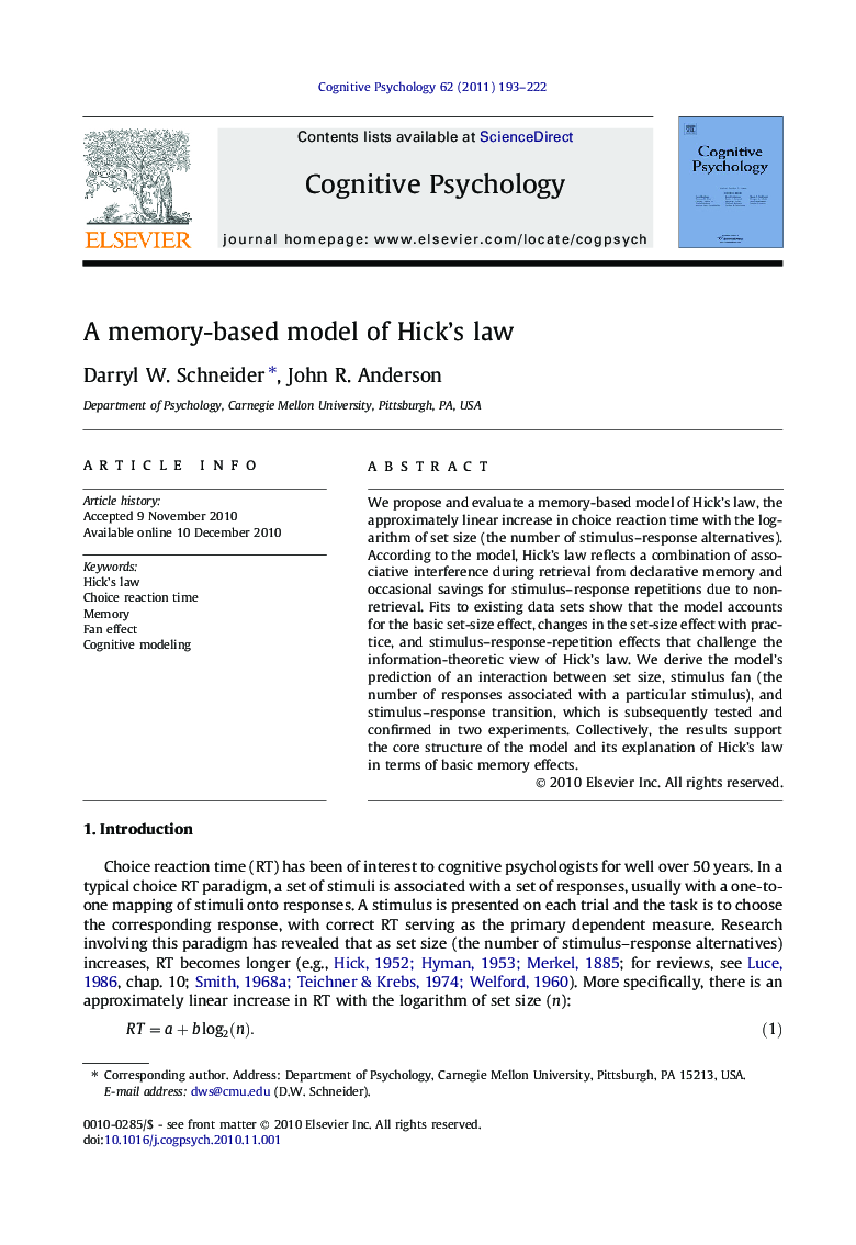 A memory-based model of Hick’s law