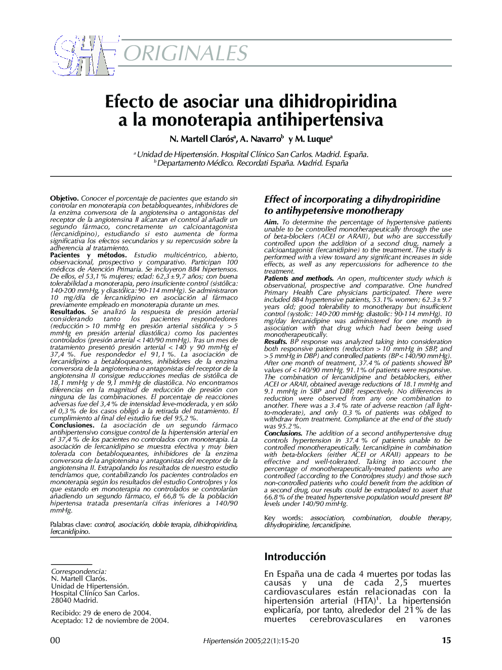 Efecto de asociar una dihidropiridina a la monoterapia antihipertensiva
