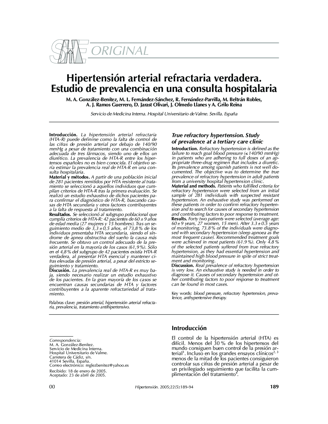 Hipertensión arterial refractaria verdadera. Estudio de prevalencia en una consulta hospitalaria