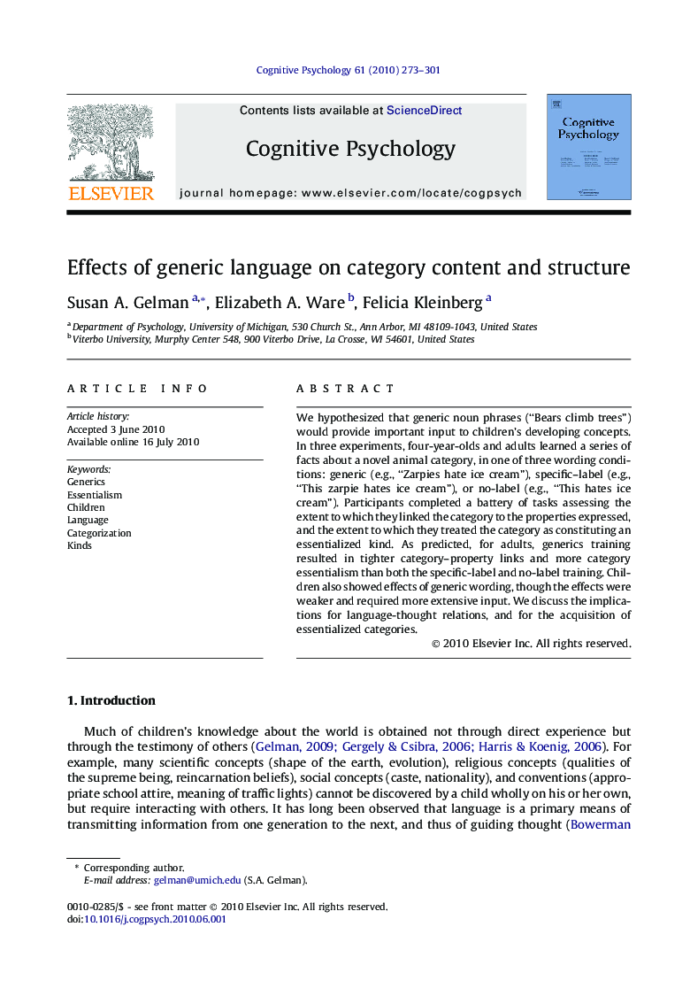 Effects of generic language on category content and structure