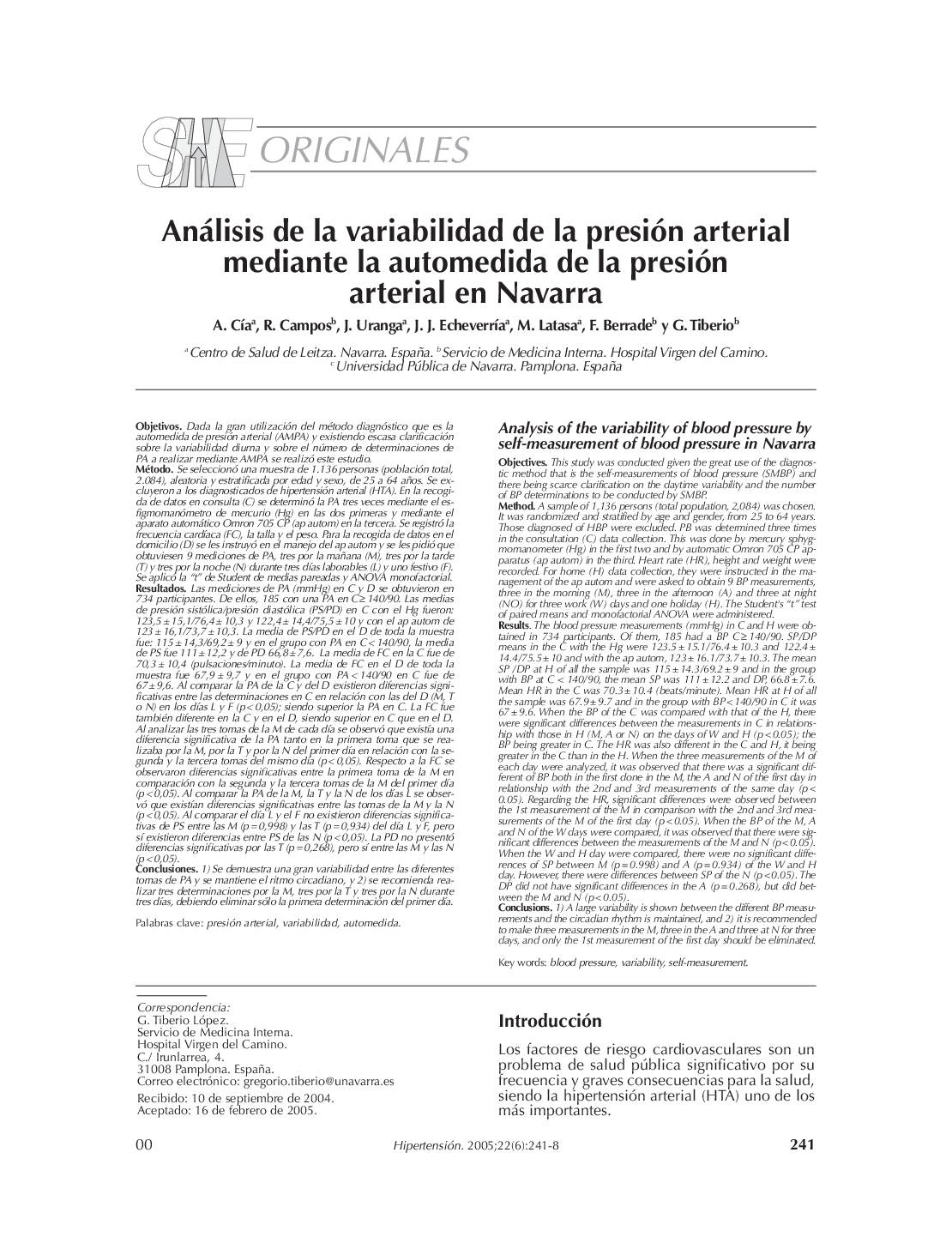 Análisis de la variabilidad de la presión arterial mediante la automedida de la presión arterial en Navarra