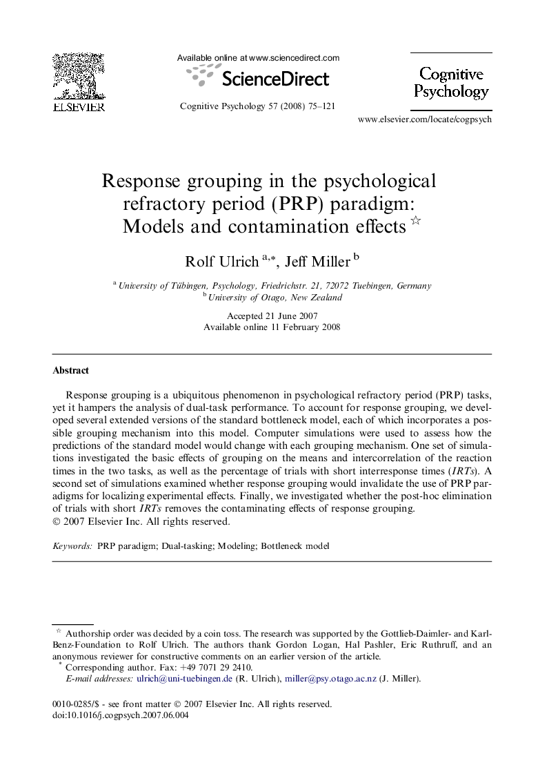 Response grouping in the psychological refractory period (PRP) paradigm: Models and contamination effects 