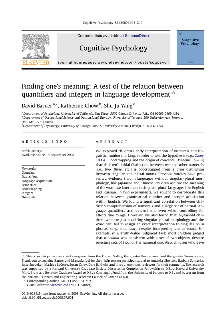 Finding one’s meaning: A test of the relation between quantifiers and integers in language development 