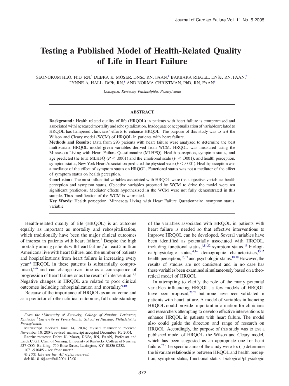 Testing a Published Model of Health-Related Quality of Life in Heart Failure