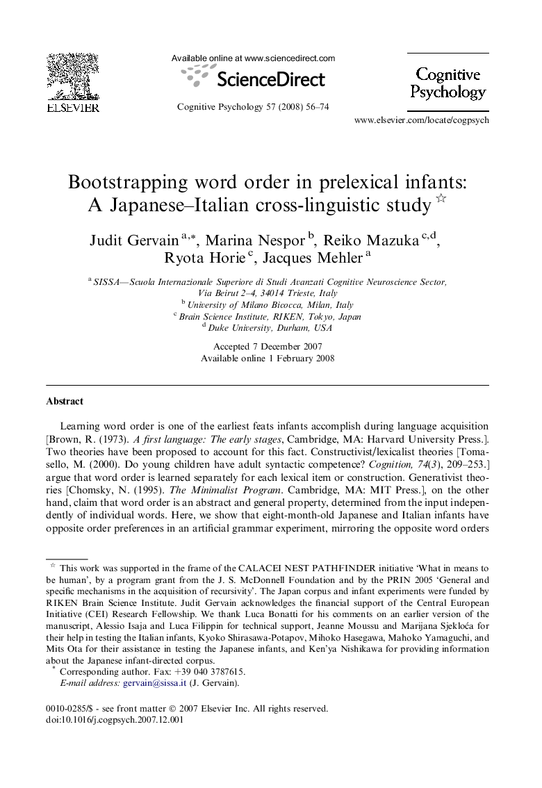 Bootstrapping word order in prelexical infants: A Japanese–Italian cross-linguistic study 