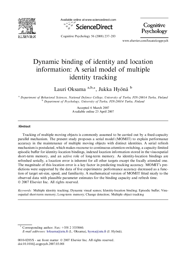 Dynamic binding of identity and location information: A serial model of multiple identity tracking