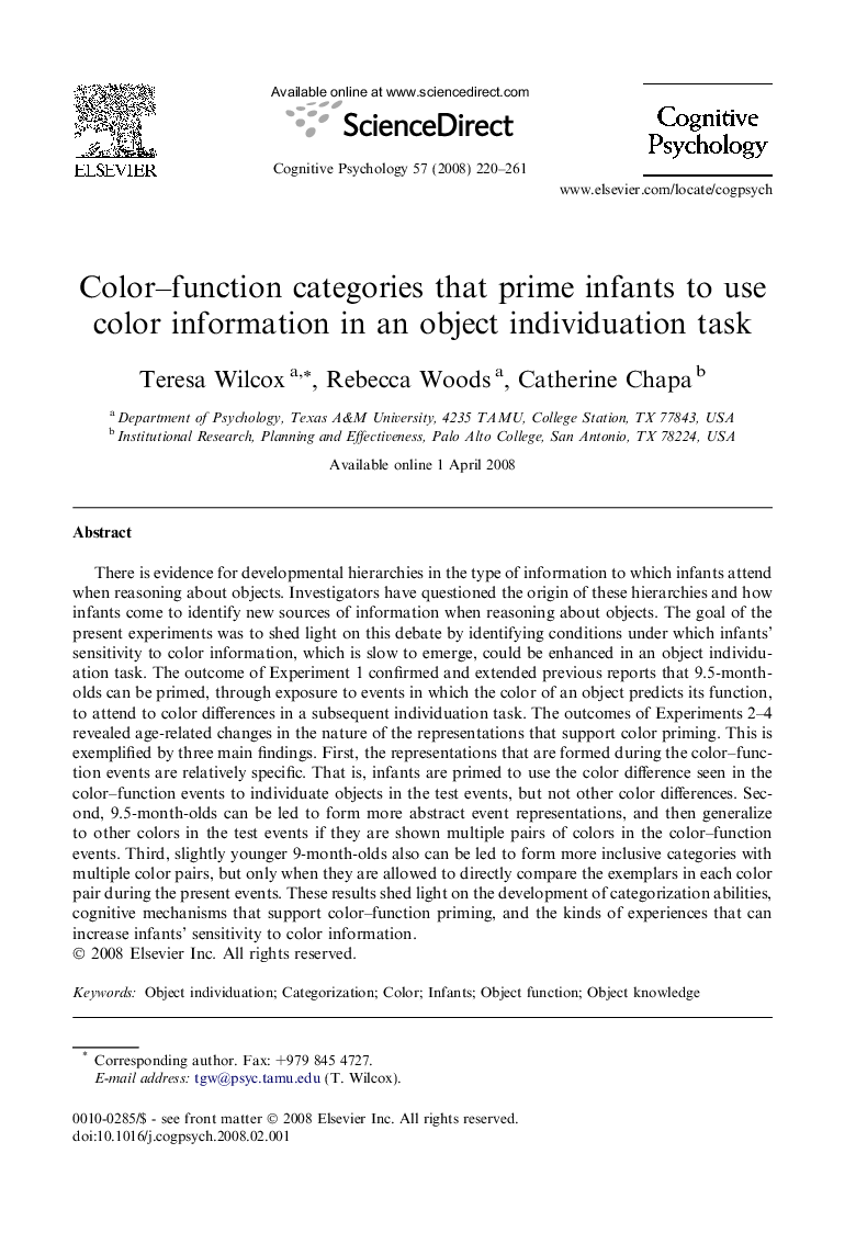 Color–function categories that prime infants to use color information in an object individuation task