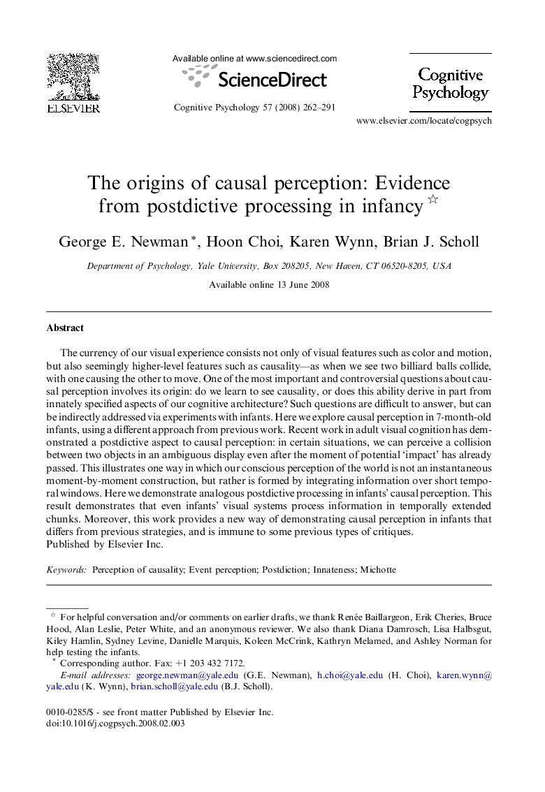 The origins of causal perception: Evidence from postdictive processing in infancy 