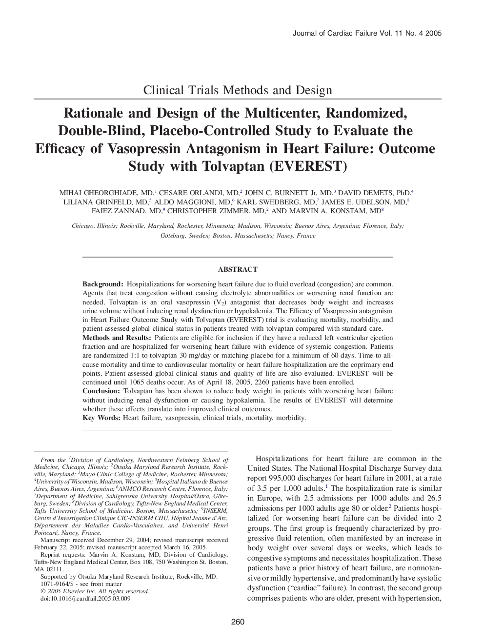 Rationale and Design of the Multicenter, Randomized, Double-Blind, Placebo-Controlled Study to Evaluate the Efficacy of Vasopressin Antagonism in Heart Failure: Outcome Study with Tolvaptan (EVEREST)