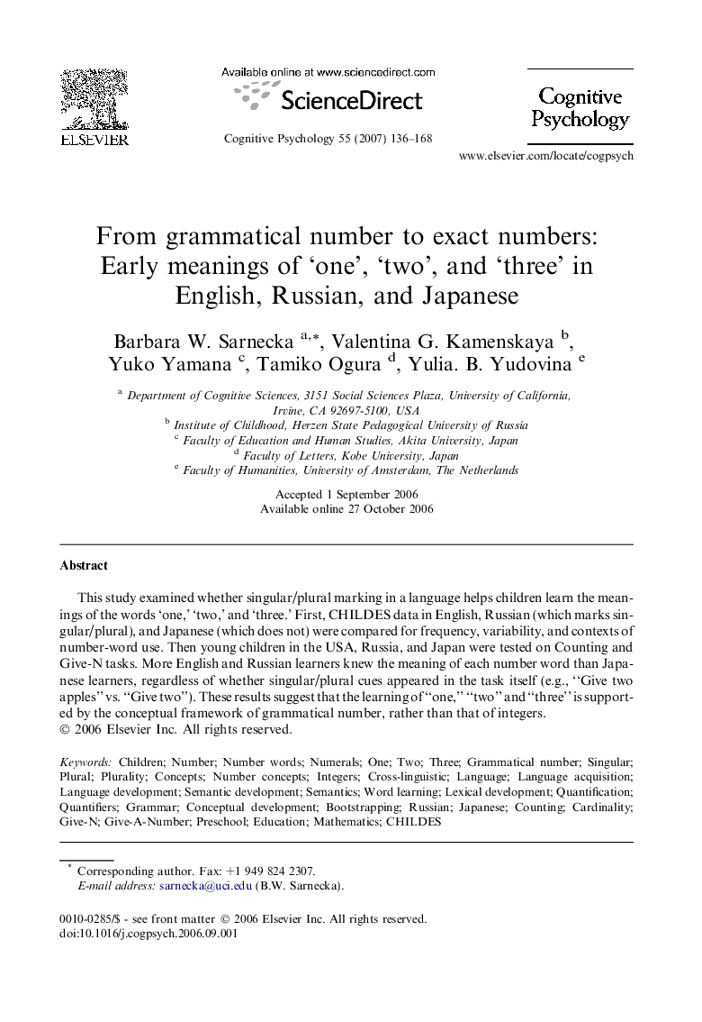 From grammatical number to exact numbers: Early meanings of ‘one’, ‘two’, and ‘three’ in English, Russian, and Japanese