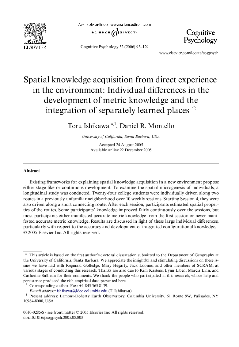 Spatial knowledge acquisition from direct experience in the environment: Individual differences in the development of metric knowledge and the integration of separately learned places 