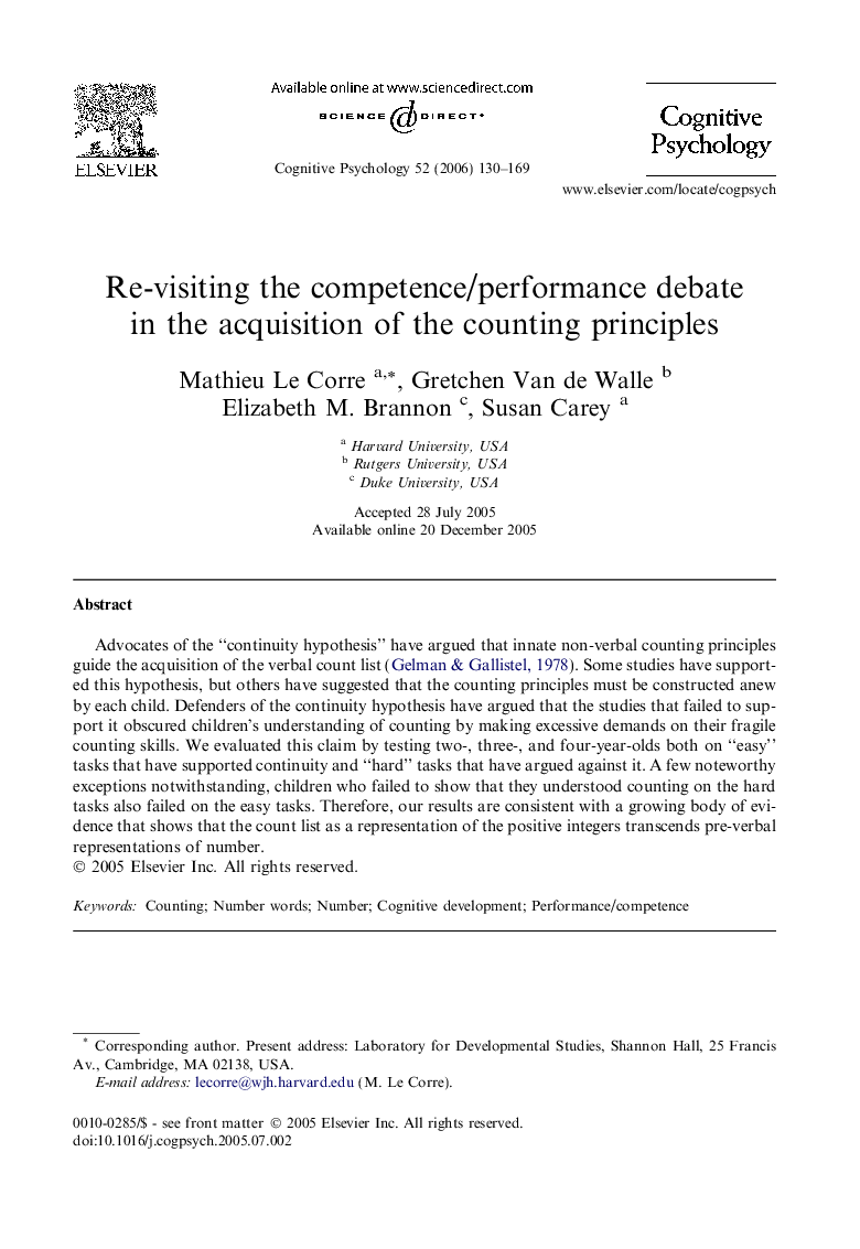 Re-visiting the competence/performance debate in the acquisition of the counting principles