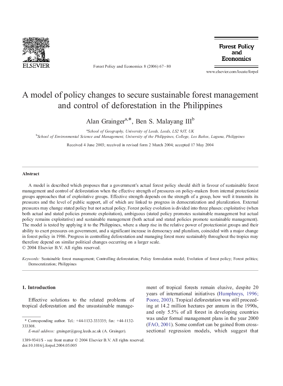 A model of policy changes to secure sustainable forest management and control of deforestation in the Philippines