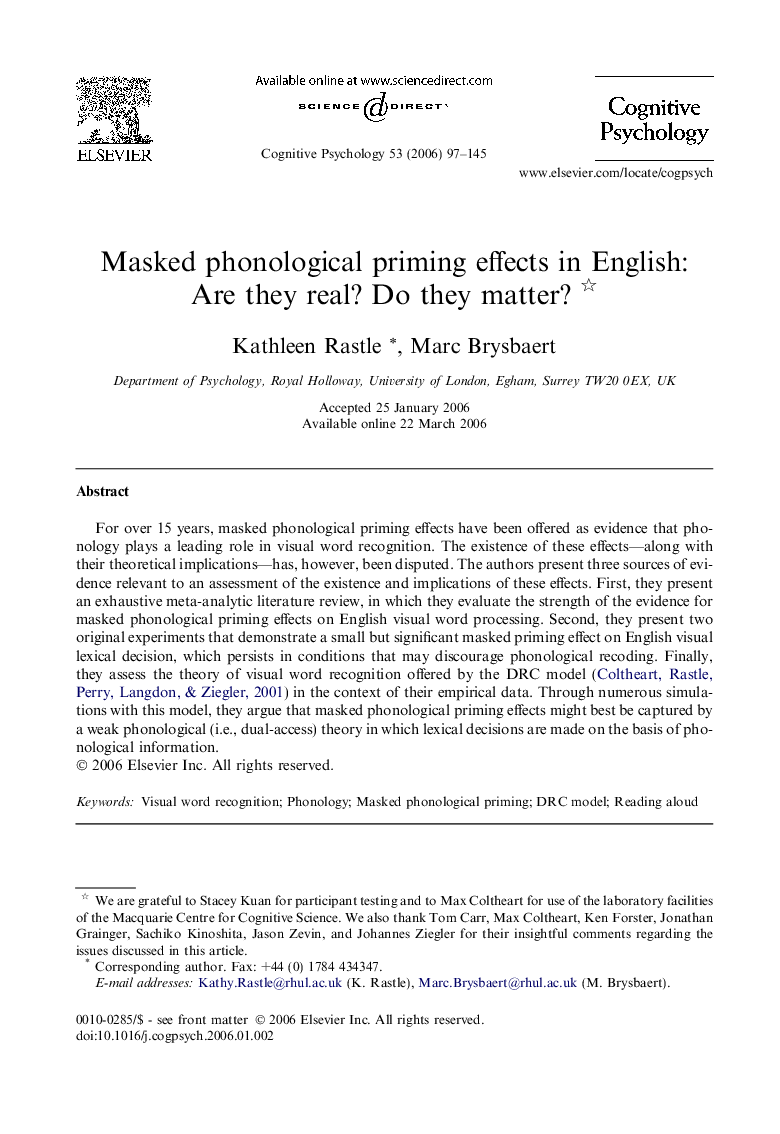 Masked phonological priming effects in English: Are they real? Do they matter? 