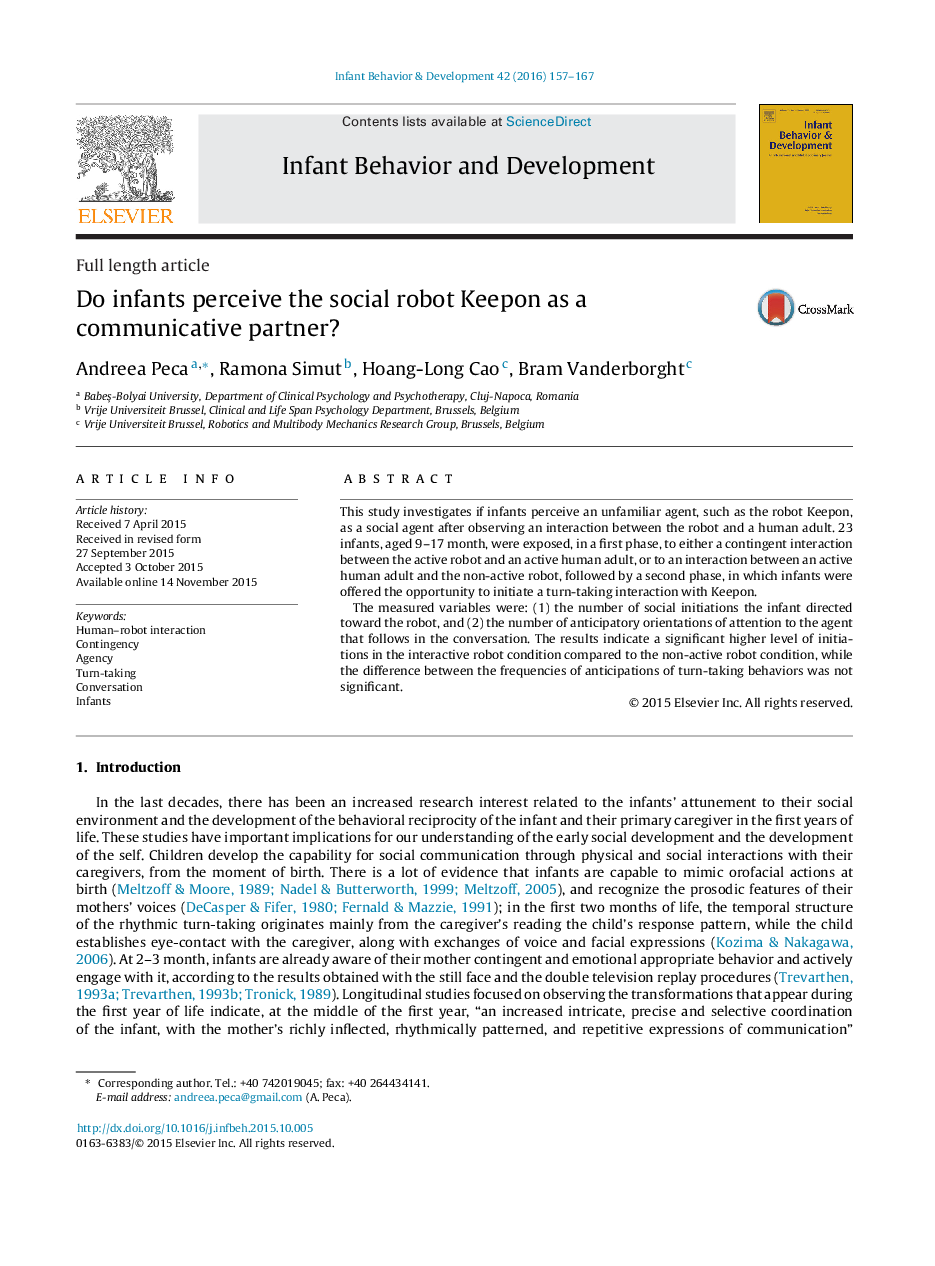 Do infants perceive the social robot Keepon as a communicative partner?