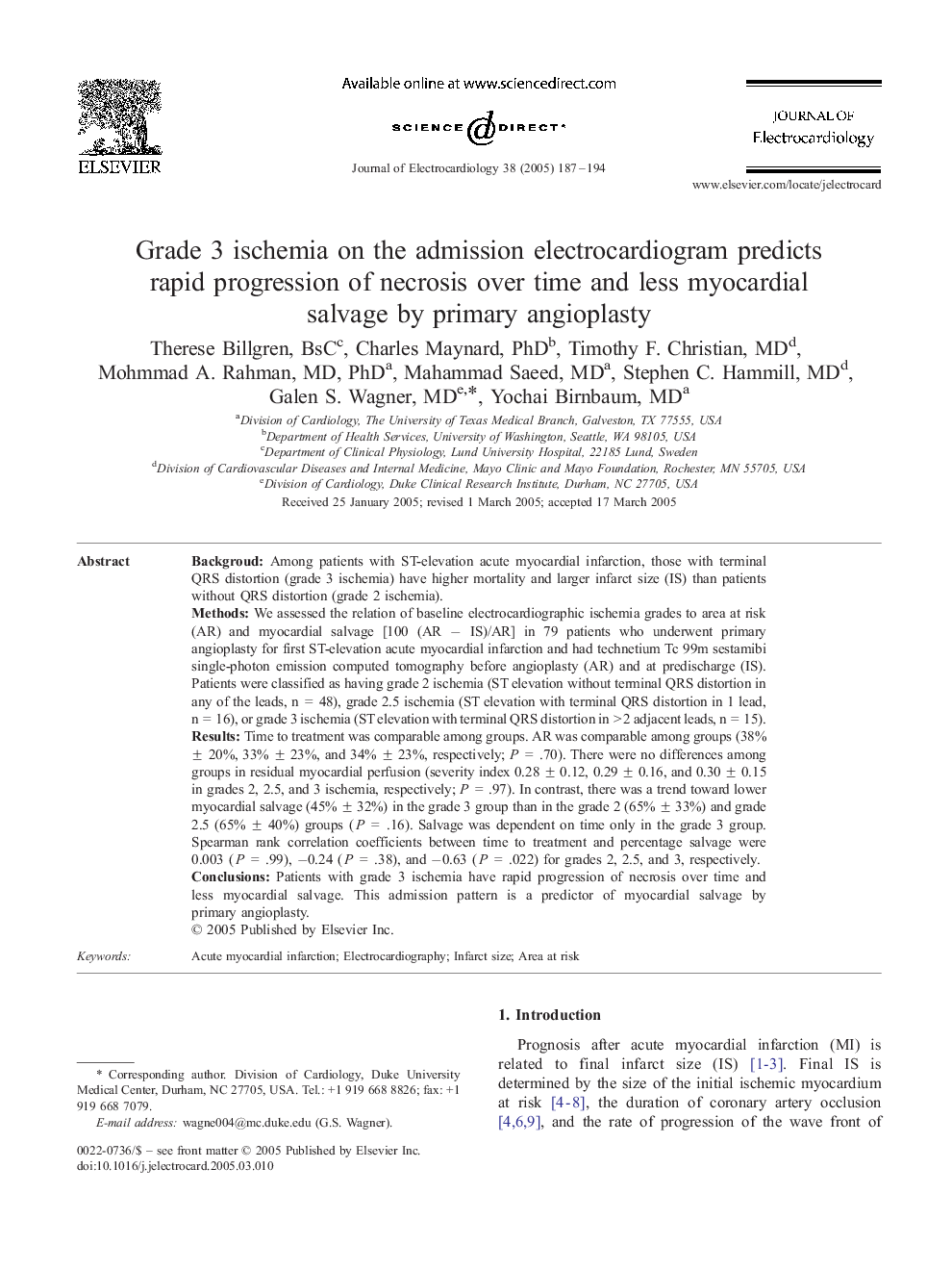 Grade 3 ischemia on the admission electrocardiogram predicts rapid progression of necrosis over time and less myocardial salvage by primary angioplasty