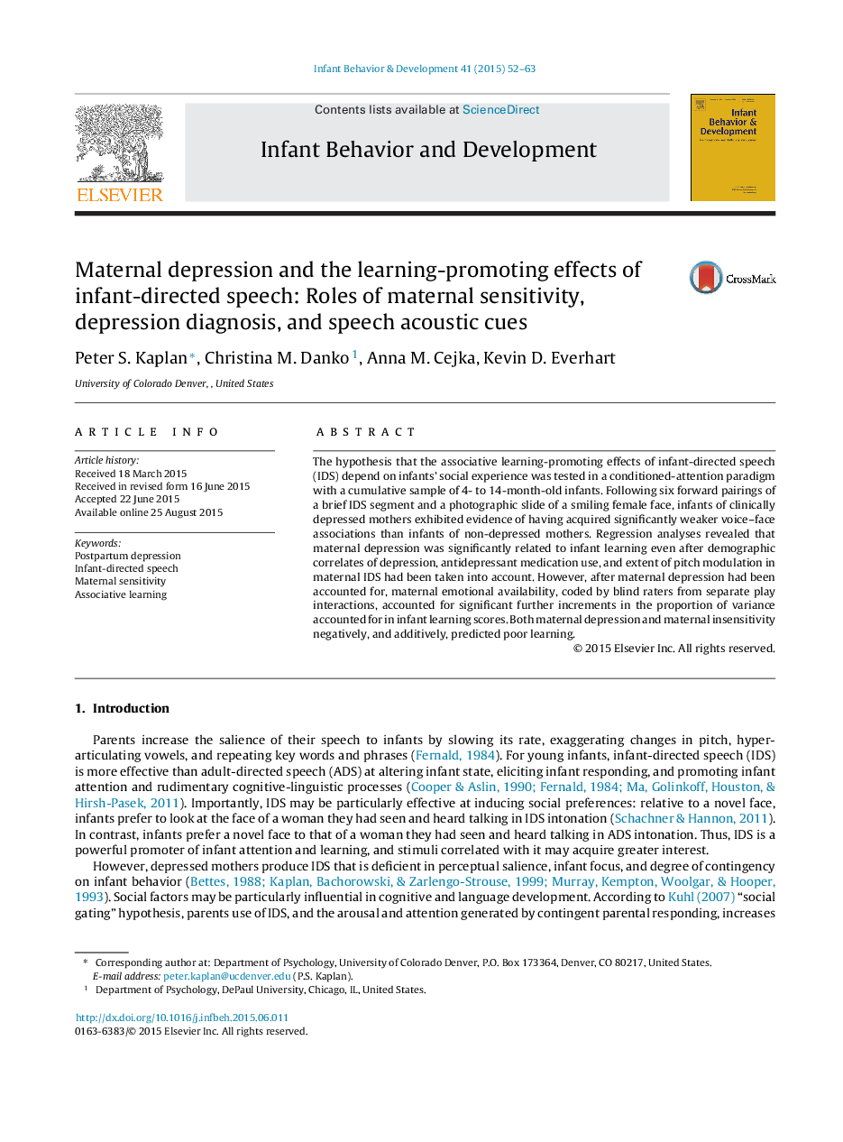 Maternal depression and the learning-promoting effects of infant-directed speech: Roles of maternal sensitivity, depression diagnosis, and speech acoustic cues