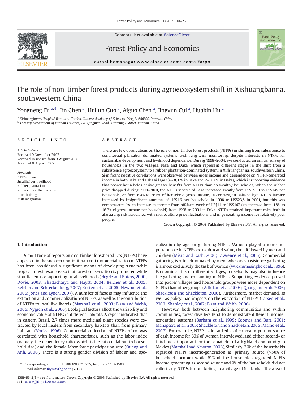 The role of non-timber forest products during agroecosystem shift in Xishuangbanna, southwestern China