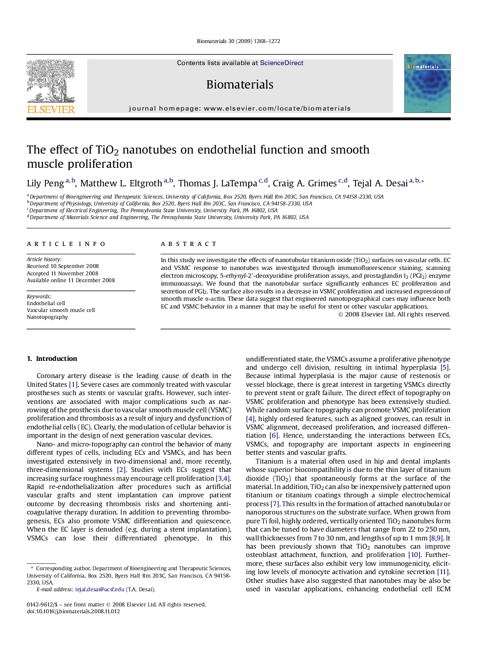 The effect of TiO2 nanotubes on endothelial function and smooth muscle proliferation