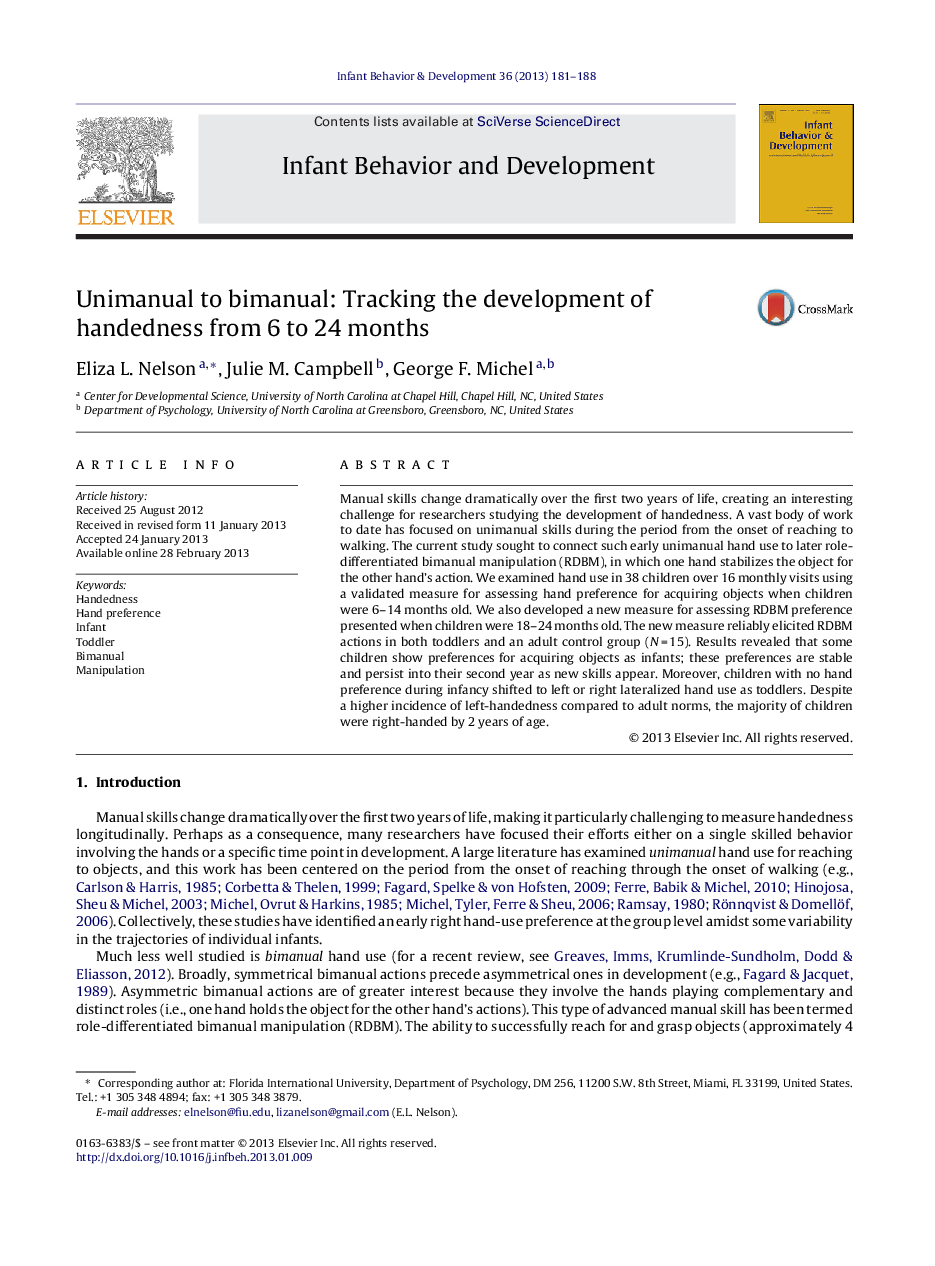 Unimanual to bimanual: Tracking the development of handedness from 6 to 24 months