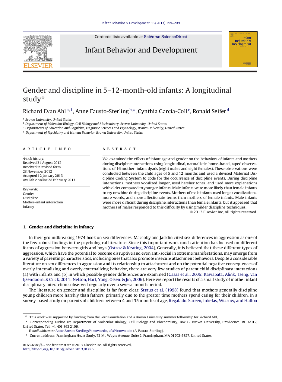 Gender and discipline in 5–12-month-old infants: A longitudinal study 