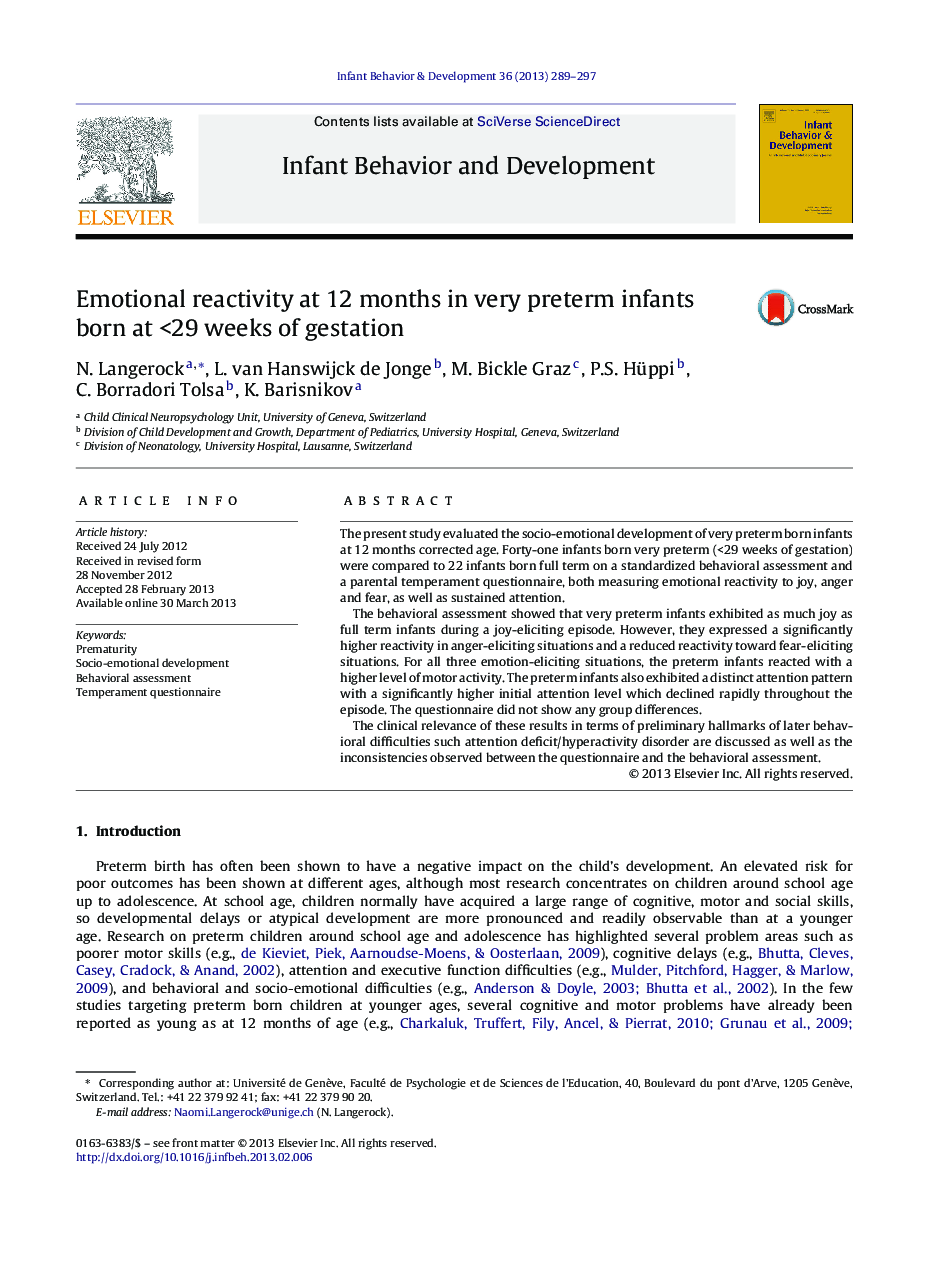 Emotional reactivity at 12 months in very preterm infants born at <29 weeks of gestation