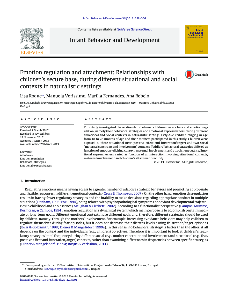 Emotion regulation and attachment: Relationships with children's secure base, during different situational and social contexts in naturalistic settings