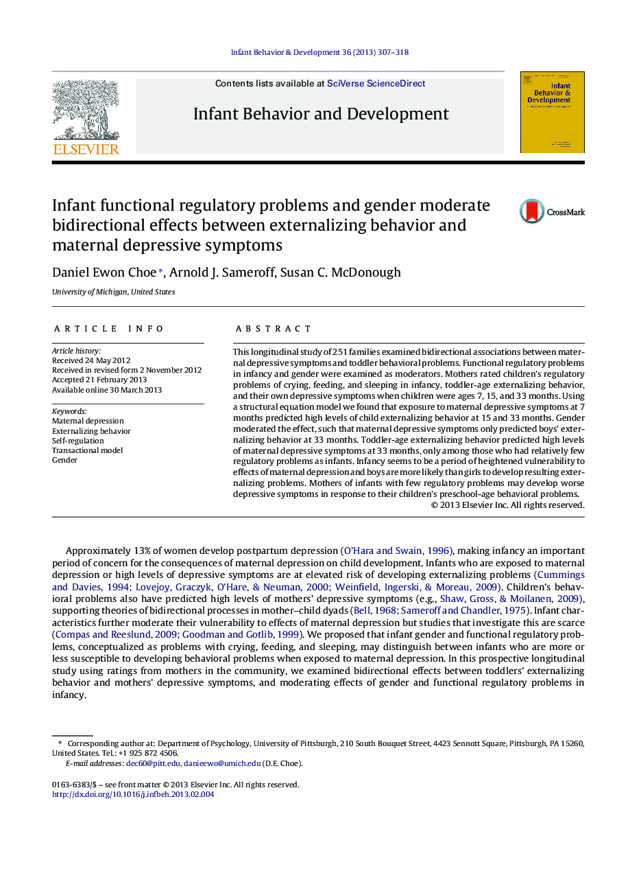 Infant functional regulatory problems and gender moderate bidirectional effects between externalizing behavior and maternal depressive symptoms