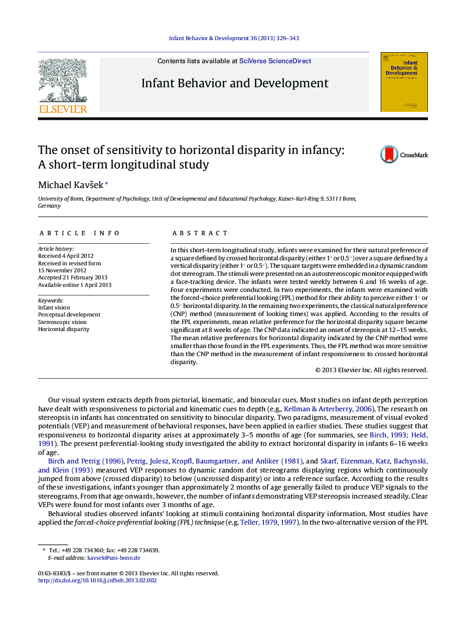 The onset of sensitivity to horizontal disparity in infancy: A short-term longitudinal study