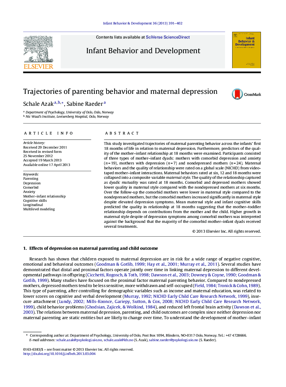 Trajectories of parenting behavior and maternal depression