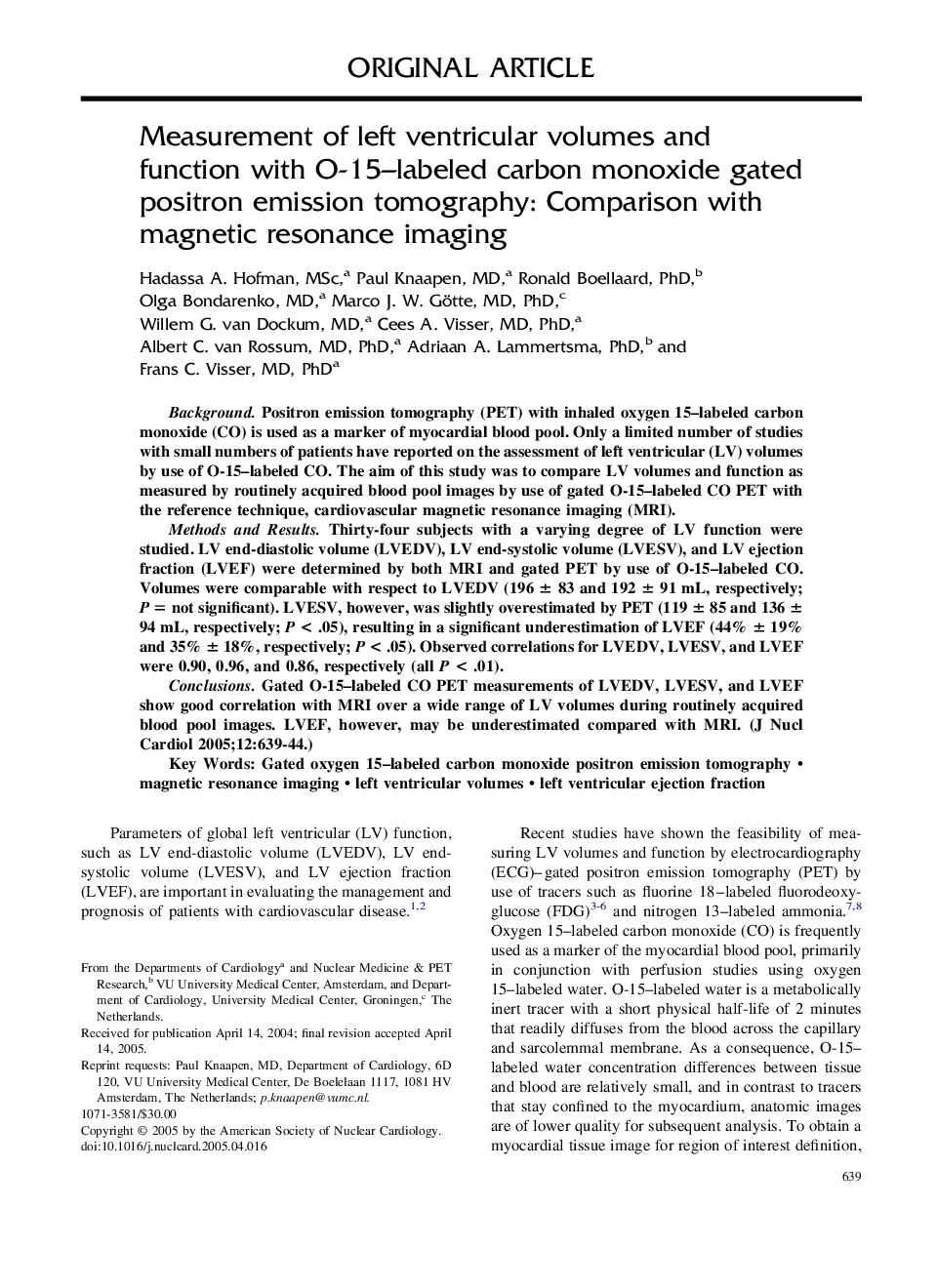 Measurement of left ventricular volumes and function with O-15-labeled carbon monoxide gated positron emission tomography: Comparison with magnetic resonance imaging