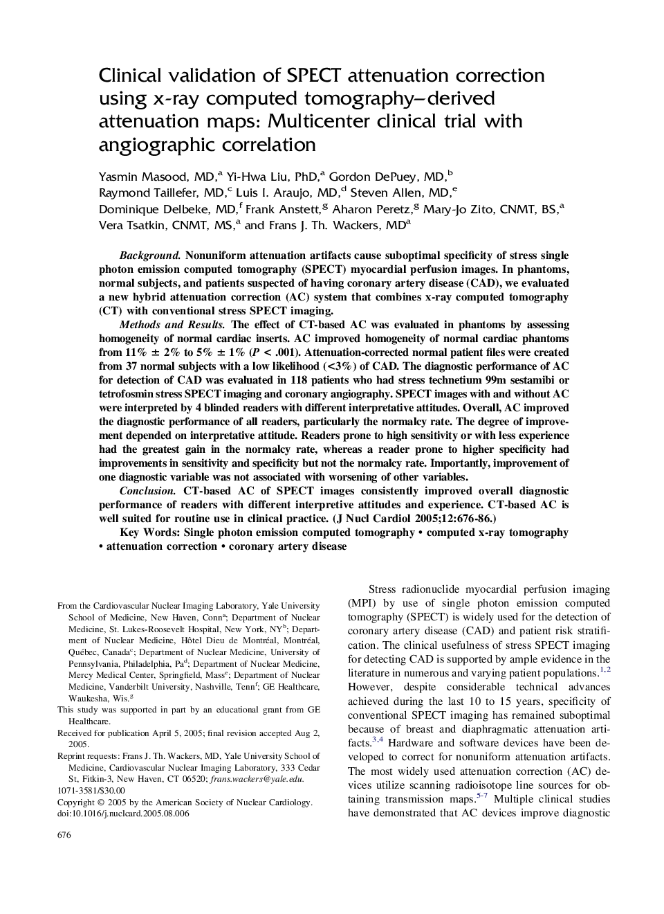 Clinical validation of SPECT attenuation correction using x-ray computed tomography-derived attenuation maps: Multicenter clinical trial with angiographic correlation