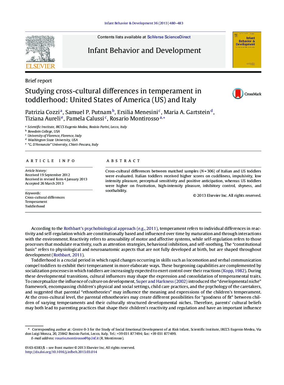 Studying cross-cultural differences in temperament in toddlerhood: United States of America (US) and Italy